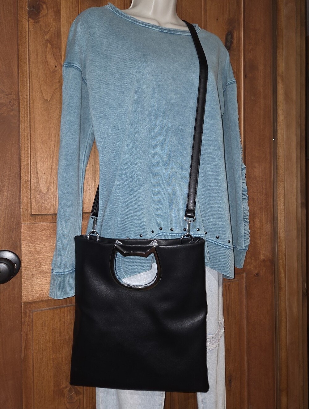 Cat Handbag Cat Shaped Handle On Black Faux Leather Crossbody